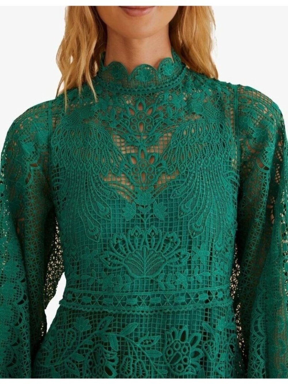 Farm Rio M Dark Guipure Lace Emerald Green Long Sleeve Maxi Dress - Picture 8 of 15